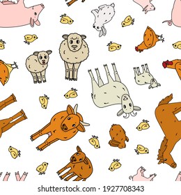 Seamless pattern of cute doodle outline vector cartoon animals at the farm. Sheep ram cow bull calf chicken rooster, goat mother and kid, pig small and big, rabbit, hare, horse. White background