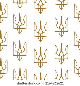 Seamless pattern with cute doodle outline gold trident. Ukraine outline background. Ukrainian design concept for fashion textile print, t-shirts, packaging. Vector illustration.