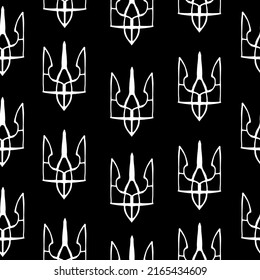 Patrón sin inconvenientes con un timbre de doodle lindo tridente dibujado a mano. Antecedentes de Ucrania. Concepto de diseño ucraniano para estampado textil de moda, camisetas, empaque. Ilustración vectorial.