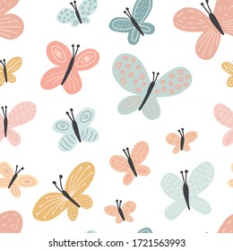 Seamless pattern with cute doodle  pastel colors butterflies