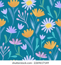 Seamless pattern with cute doodle pastel flowers. Vector hand drawn illustration