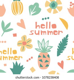 Seamless pattern with cute doodle pineapples, flowers and words "Hello summer". Hand drawn summer print. Vector