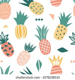 Seamless pattern with cute doodle pineapples. Hand drawn summer vector background for modern textile, fabric, paper