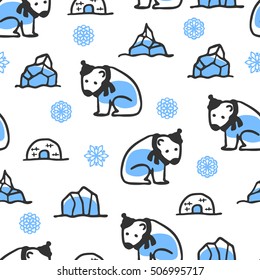 Seamless pattern with cute doodle polar bear. North animal with snowflakes and icebergs. Funny bear wears scarf