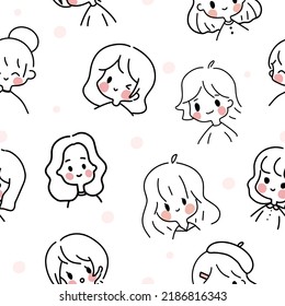 Patrón sin foco con retratos de doodle bonitos con color. Chica kawaii se enfrenta a un arte de la línea. Ilustración del vector EPS 10