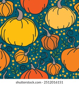 Seamless pattern with cute doodle pumpkins, can be used for Halloween or Thanksgiving Day, vector illustration