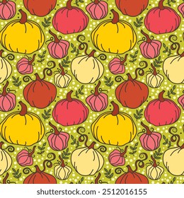 Seamless pattern with cute doodle pumpkins, can be used for Halloween or Thanksgiving Day, vector illustration