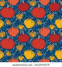 Seamless pattern with cute doodle pumpkins, can be used for Halloween or Thanksgiving Day, vector illustration