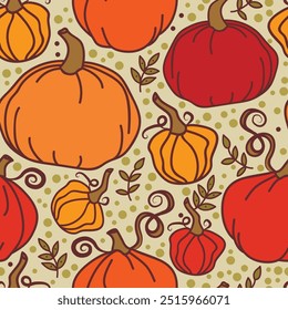 Seamless pattern with cute doodle pumpkins, can be used for Halloween or Thanksgiving Day, vector illustration