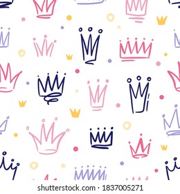 Seamless pattern with cute doodle queen or princess crowns in childish style. Hand drawn girly background with royal symbols. Vector cartoon illustration isolated on white