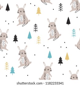 Seamless pattern with cute doodle rabbits and trees on a white background. Vector forest illustration for children in Scandinavian style.