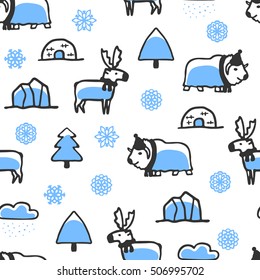 Seamless pattern with cute doodle reindeer and musk-ox. North animals with snowflakes, igloo and iceberg. Funny deer and bull wear scarves