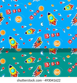 Seamless pattern with cute doodle rockets planets and stars. Vector illustrations. For children's brochures, booklets and posters. Making holidays and birthdays.