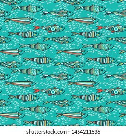 Seamless pattern with cute doodle sardines in the water, sketch style vector illustration