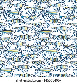 Seamless pattern with cute doodle sardines in the water, yellow and blue, sketch style vector illustration