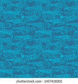 Seamless pattern with cute doodle sardines in the water, blue colors, sketch style vector illustration