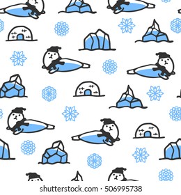 Seamless pattern with cute doodle seal. North animal with snowflakes, igloo and icebergs. Funny seal wears scarf