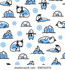 Seamless pattern with cute doodle seal, polar bear and walrus. Wallpaper with snowflakes, igloo and icebergs. Funny arctic animals wear scarves