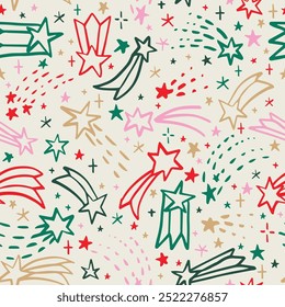 Nahtloses Muster mit süßen Doodle-Shooting-Sternen.  Handgezeichnete Vektorgrafik. Naives kindisches Design. Lustiger Weihnachtshintergrund, Umschlagpapier.