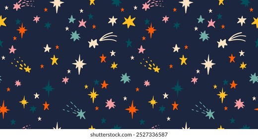 Seamless pattern with Cute doodle  shooting stars.  Hand drawn vector illustration. Naive childish design. Funny Christmas galaxy background, wrapping paper.