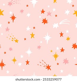 Seamless pattern with Cute doodle  shooting stars.  Hand drawn vector illustration. Naive childish design. Funny Christmas galaxy background, wrapping paper.