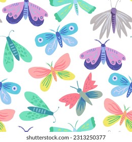 Seamless pattern with cute doodle simple butterflies and moths. Hand-drawn illustration for design.