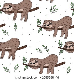 seamless pattern with cute doodle sloth print