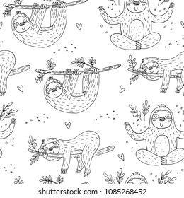 Seamless Pattern With Cute Doodle Sloth Print