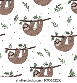 seamless pattern with cute doodle sloth print