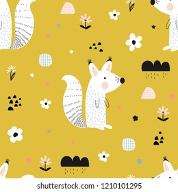 Seamless pattern with cute doodle squirrels and flowers on yellow background. Vector illustration for children.