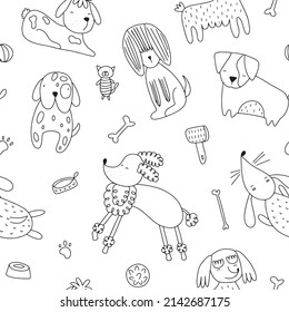 Seamless pattern with cute doodle style dogs on a white background. Hand drawn vector illustration with black and white dogs.