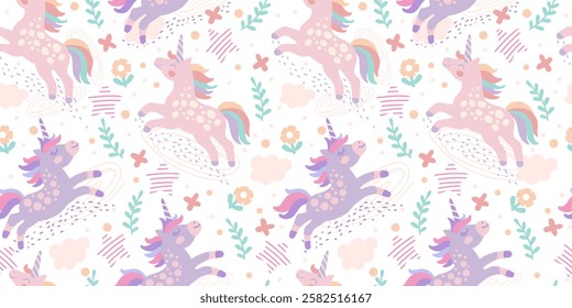 Seamless pattern with cute doodle unicorns on a colored background. Vector illustration. For packaging paper, printing and design on fabric, textile, dishes and bed linen. Cute children s background.