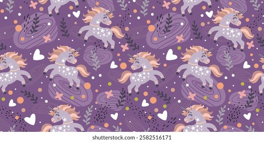 Seamless pattern with cute doodle unicorns on a colored background. Vector illustration. For packaging paper, printing and design on fabric, textile, dishes and bed linen. Cute children s background.