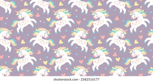 Seamless pattern with cute doodle unicorns on a colored background. Vector illustration. For packaging paper, printing and design on fabric, textile, dishes and bed linen. Cute children s background.