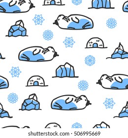 Seamless pattern with cute doodle walrus. North animal with snowflakes, igloo and icebergs. Funny walrus wears hat