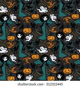 seamless pattern with cute doodle witches for halloween, vector illustration