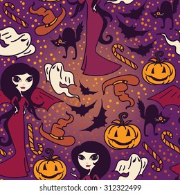 seamless pattern with cute doodle witches for halloween, vector illustration