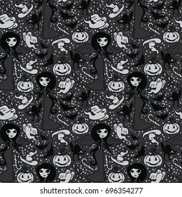 seamless pattern with cute doodle witches and traditional halloween things, black and white movie palette, cartoon style vector illustration