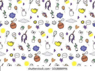 Seamless pattern with cute doodles - cactuses, unicorn, cup of coffee etc.  Vector illustration for your design