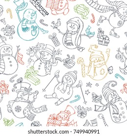 Seamless pattern of cute doodles snowmen. Snowmen are singing, skating, skiing. Candy canes, gift boxes, Christmas baubles, birds, garland, stars. Duotone hand-drawn illustrations.