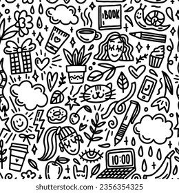 Seamless pattern with cute doodles. Vector texture with hand-drawn children elements on white background. 