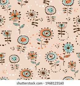 Seamless pattern with cute doodle-style flowers.  Vector