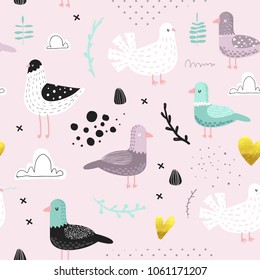 Seamless Pattern with Cute Doves. Creative Hand Drawn Childish Bird Pigeon Background for Fabric, Wallpaper, Decoration. Vector illustration