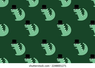 Seamless pattern with a cute dragon in a black top hat on a green background. An endless ornament with a predator from Jurassic Park. Wallpaper for the children's room.