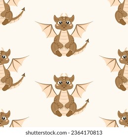 Seamless pattern with cute dragon in cartoon style. A surprised fairy-tale monster is sitting. A little dinosaur.