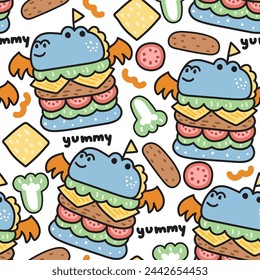 Patrón sin fisuras de hamburguesa de queso de dragón lindo con el ingrediente en el fondo blanco. Diseño de dibujos animados de carácter animal. Comida rápida. Dinosaurio. Kawaii. Vector. Ilustración.