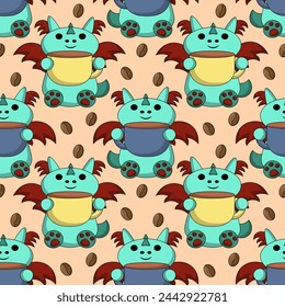 Seamless pattern with cute dragon with coffee cup