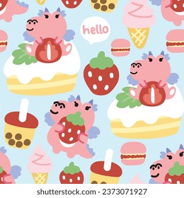 Seamless pattern of cute dragon with dessert on pastel background.Jurassic animal character design.Strawberry,cake,macaron,sweet,bubble milk tea hand drawn.Baby clothing.Kawaii.Vector.Illustration.