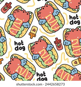 Seamless pattern of cute dragon in hot dog with ketchup and mustard on white background.Animal character cartoon design.Fast food.Dinosaur.Kawaii.Vector.Illustration.