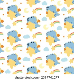 Seamless pattern of cute dragon hug star on sky background.Chinese animal character cartoon design.Cloud,rainbow,star hand drawn.Zodiac.Baby cloting print screen.Kawaii.Vector.Illustration.